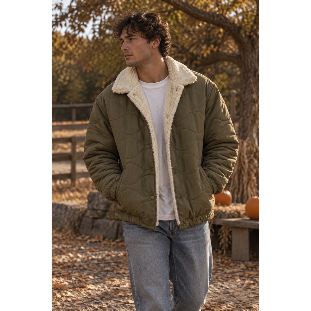 O'Neill Quilted Jacket Olive Green Sherpa Lined Wave Stitch Gorpcore Size M